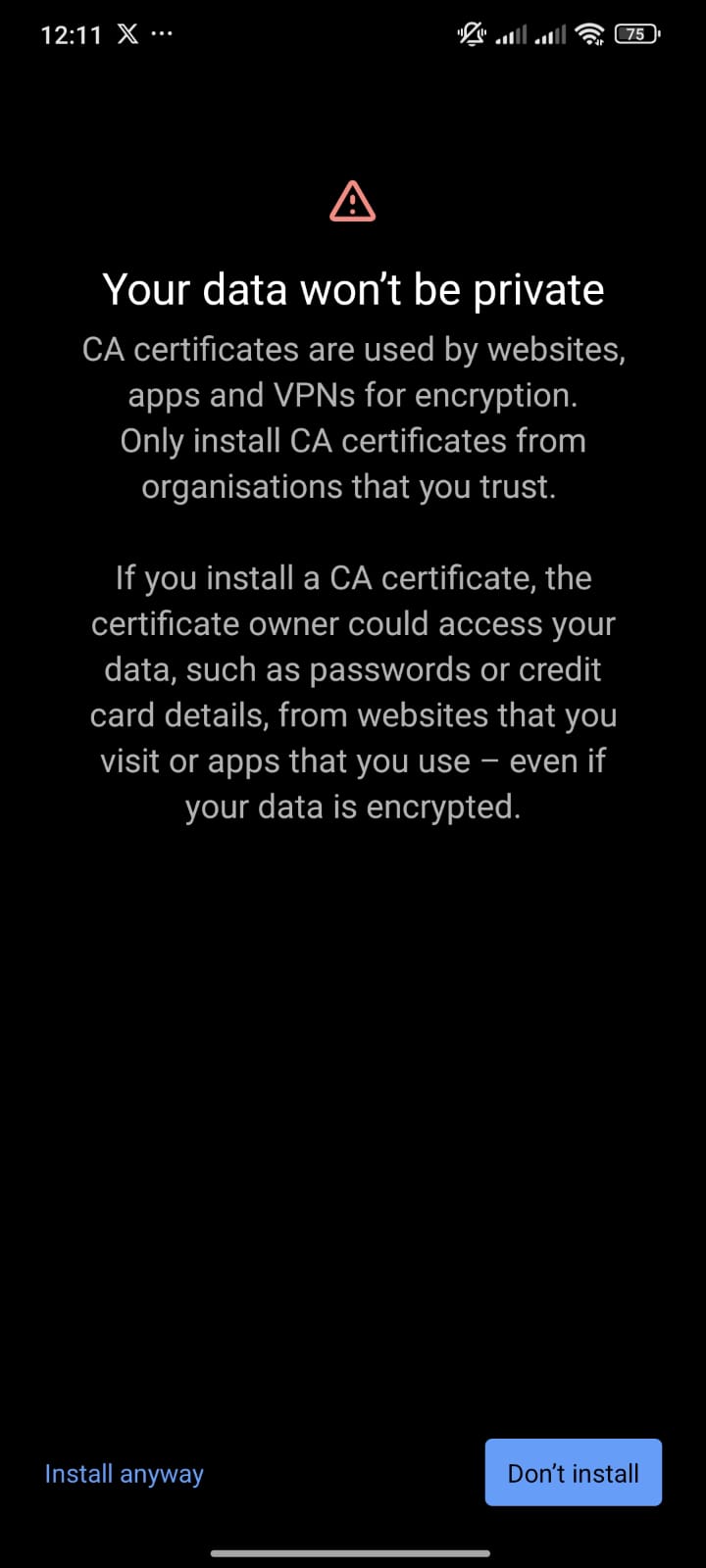 Ejemplo de no tener instalado el certificado en el dispositivo