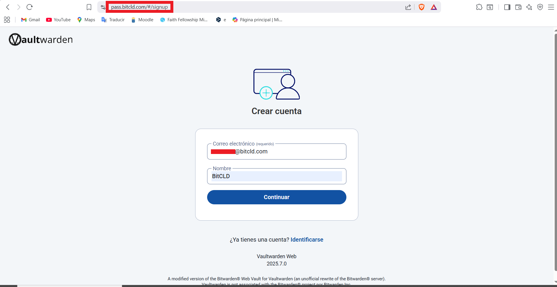 Creación cuenta Vaultwarden